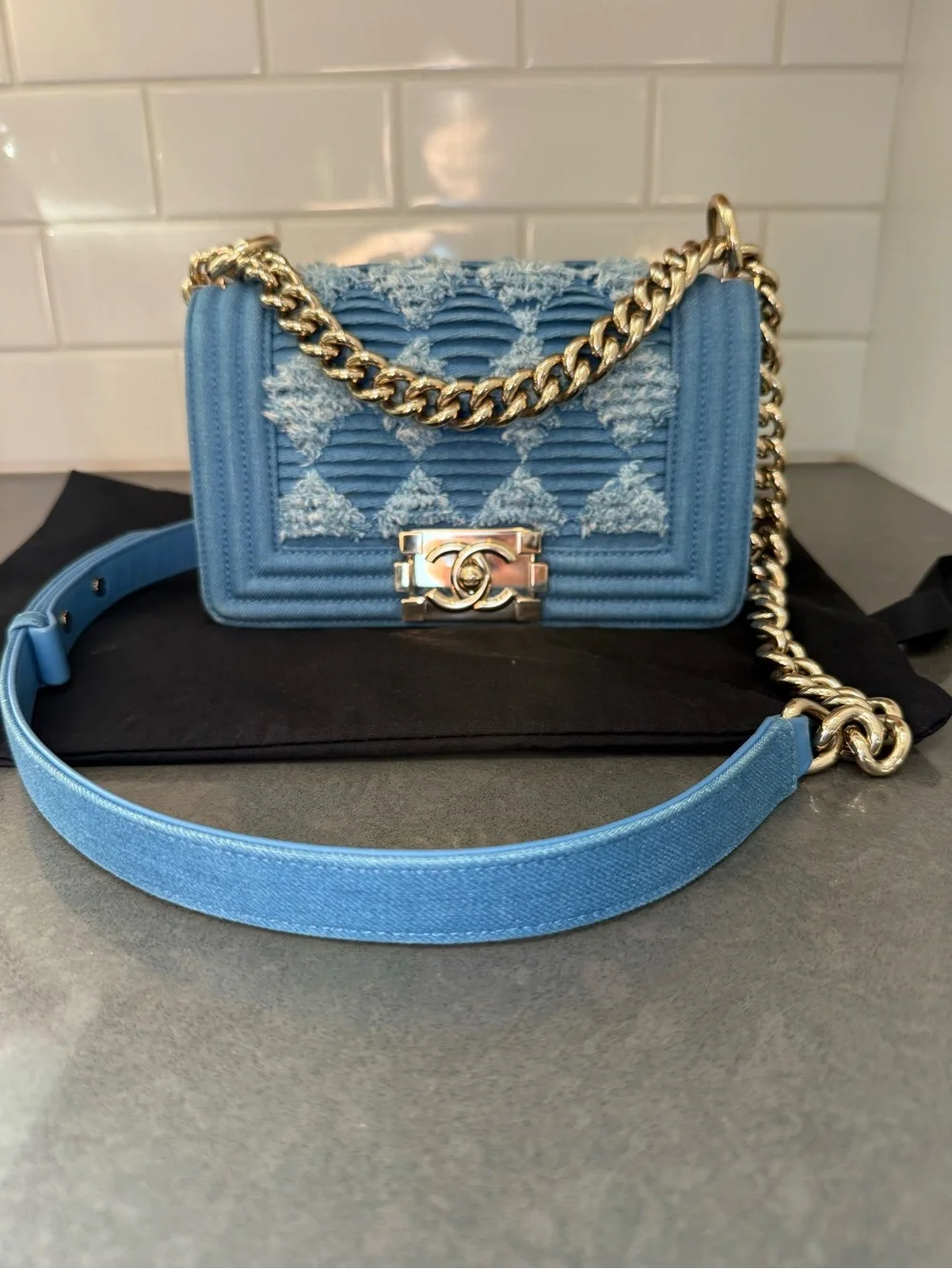 CHANEL Pleated Blue Denim Small Boy Bag with Champagne Gold Hardware